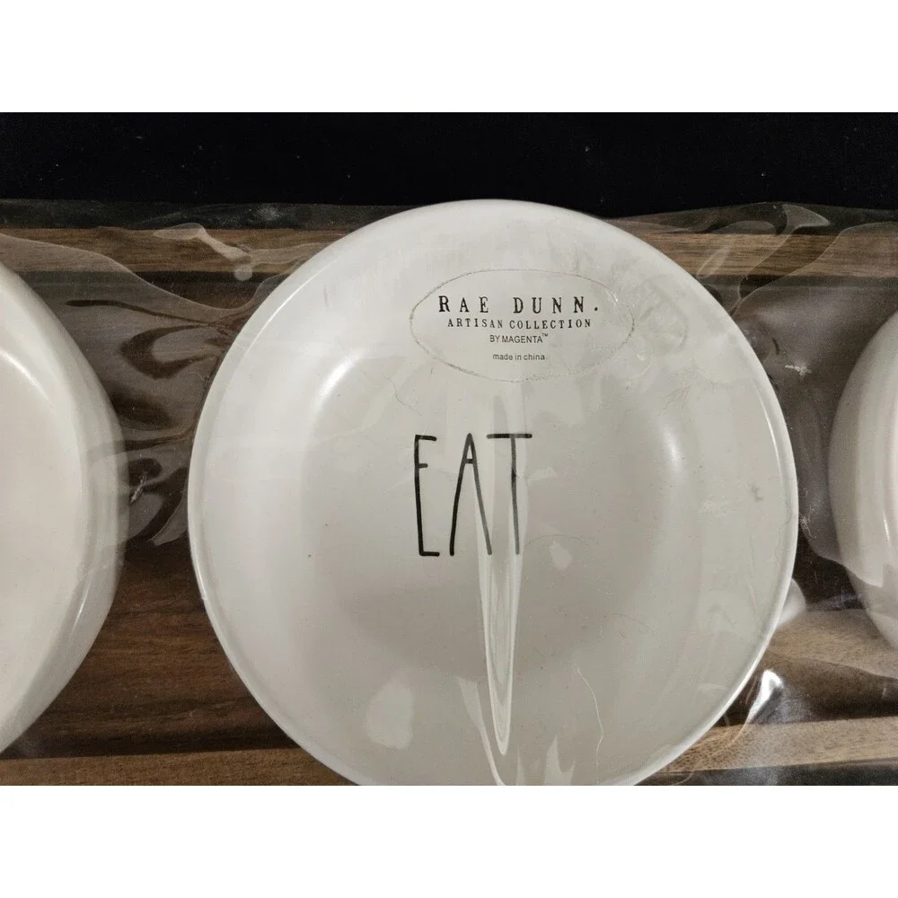 Rae Dunn DIP EAT TASTE Ceramic Bowl Set 4 Pc with Wooden Serving Party Tray New